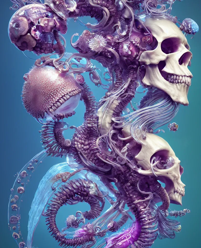 Image similar to goddess close-up portrait ram skull, thorax, x-ray, backbone, jellyfish phoenix head, nautilus, orchid, skull, betta fish, bioluminiscent creatures, intricate artwork by Tooth Wu and wlop and beeple. octane render, trending on artstation, greg rutkowski very coherent symmetrical artwork. cinematic, hyper realism, high detail, octane render, 8k