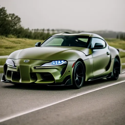 Prompt: Matte olive green Toyota Supra mk5 on highway, hyper realistic, car photography, 8k,