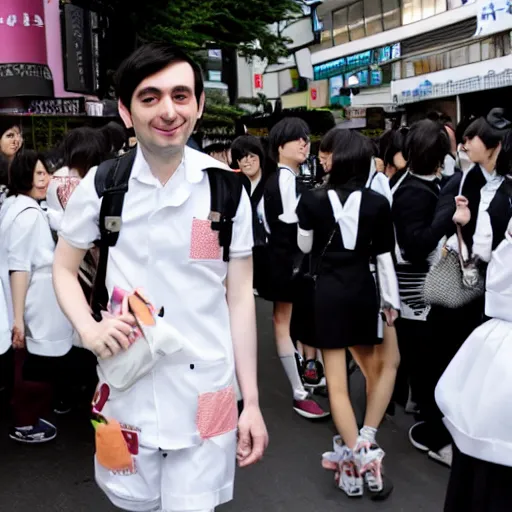 Prompt: martin shkreli in maid uniform at harajuku tokyo street fashion event, a professional high quality photo from vogue magazine