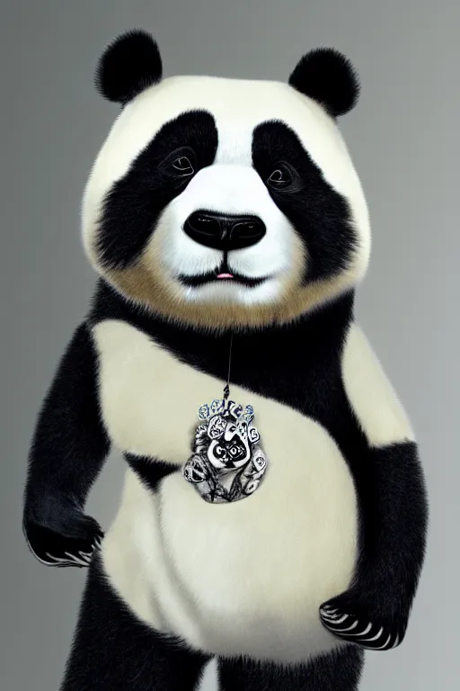 Image similar to a portrait of a biomorphic panda wearing high fashion clothes and jewelry looking at the camera