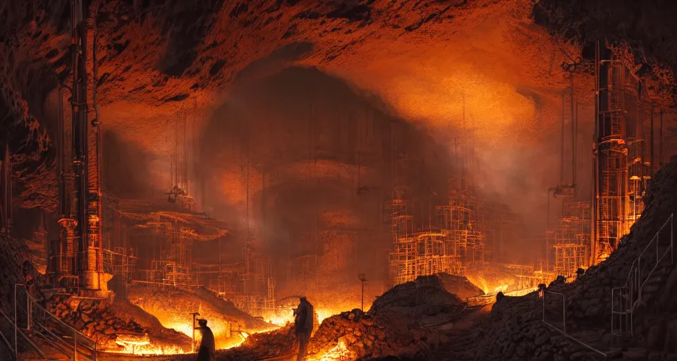 Prompt: a highly detailed digital matte painting of a high-tech smelting pit in a cave, streams of molten iron, workers, large long pipes, by Raphael Lacoste and Stephan Martiniere and Peter Mohrbacher and Robert McCall, volumetric lighting, hyperdetailed, octane render, 8k H- 640