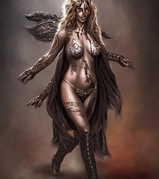 Image similar to a higly detailed airbrush full body shot and face portrait painting of a stunning female sorceress with piercing eyes beautiful eyes, dynamic lighting, ambient lighting, deviantart, art by simon bisley