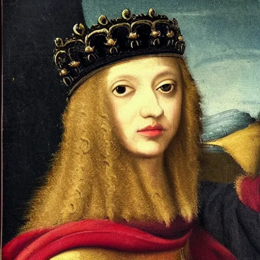 Image similar to a renaissance style portrait painting of fluffy wolf, wearing a crown and cape, dark background
