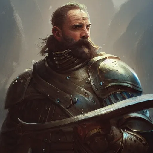 Prompt: Portrait of a middle aged knight with a big moustache, detailed face, fantasy, highly detailed, cinematic lighting, digital art painting by greg rutkowski