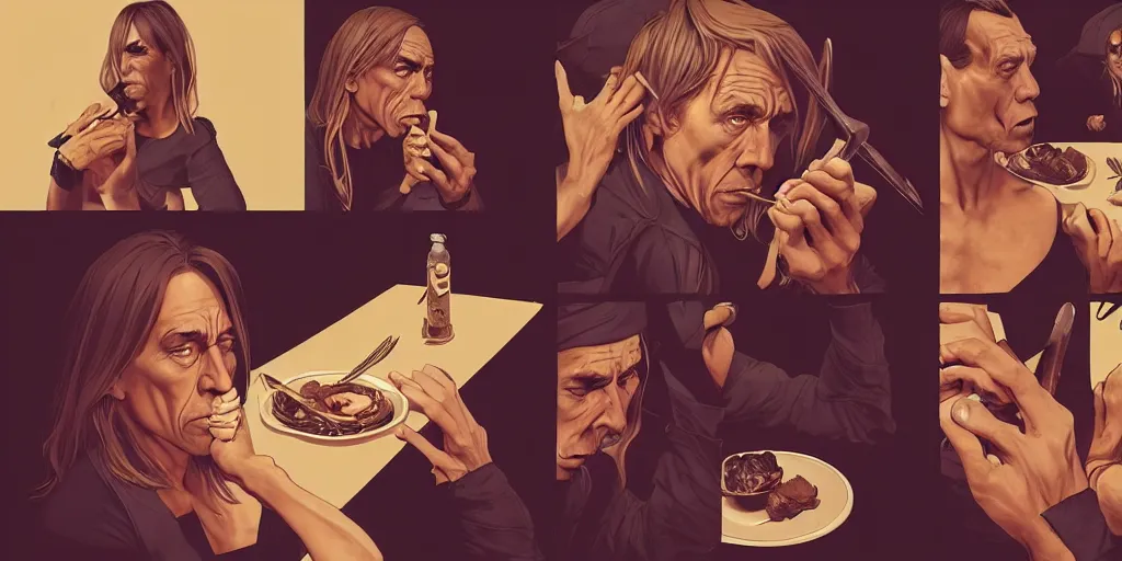 Image similar to iggy pop eating dinner, character sheet, character design, contrast, deep focus, turnaround, highly detailed, dramatic lighting, digital painting, artstation, concept art, matte, sharp focus, illustration, elegant, art by artgerm and greg f and alphonse mucha.