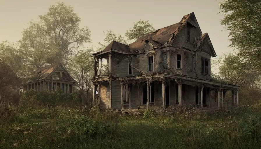 Prompt: old, ruined, abandoned American house, Victorian style, seen from outside and overgrown by plants. First light of day falls upon the building. Scary, horror, ghost story. Dirt, leaves on ground. Octane render. Substance painter. Zbrush. Trending on artstation. 8K. Highly detailed.