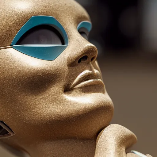 Image similar to the head of a marble cybernetic lady justice statue wearing a virtual reality headset on ground covered in sand, cyberpunk background, highly detailed, epic lighting, hyper photorealism, 8 k