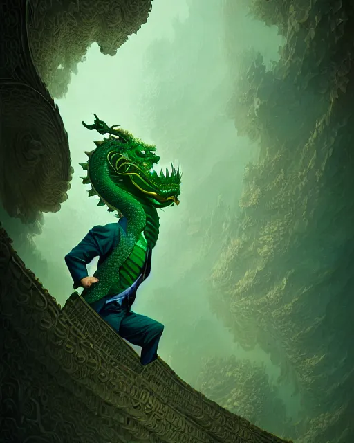 Image similar to anthropomorphic art of a businessman dragon, green dragon, portrait, victorian inspired clothing by artgerm, victo ngai, ryohei hase, artstation. fractal papers and books. highly detailed digital painting, smooth, global illumination, fantasy art by greg rutkowsky, karl spitzweg