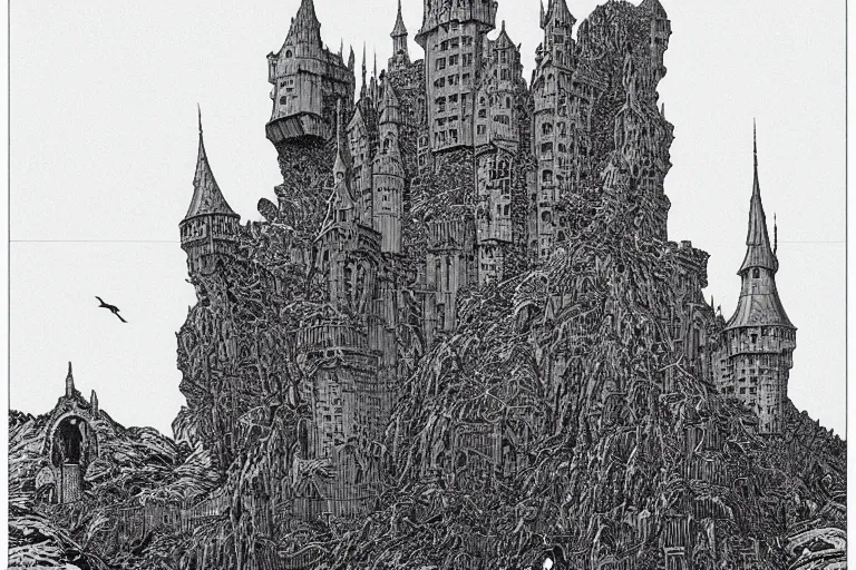 Image similar to draculas castle upon a thin spire by dan hillier by moebius