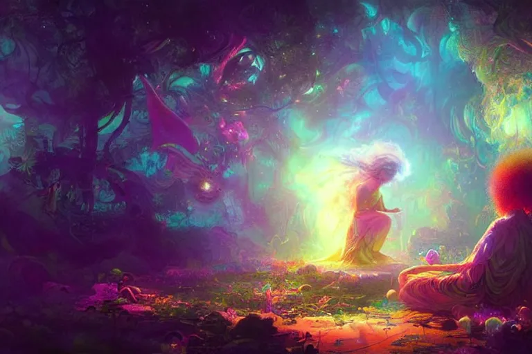 Prompt: a psychedelic realm hidden away in a pocket of ethereal understanding astral beings sharing love greg rutkowski wlop lisa frank bob ross ruan jia illustration