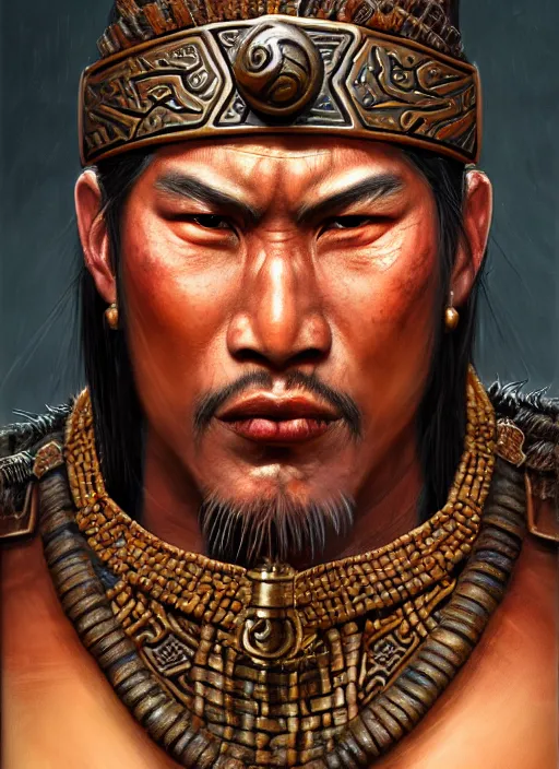 Image similar to tai warlord, closeup portrait, historical, ethnic group, traditional costume, fantasy, intricate, with dong son bronze artifacts, beads cross onbare chest, elegant, loin cloth, highly detailed, oill painting, artstation, concept art, matte, sharp focus, illustration, hearthstone, art by earl norem