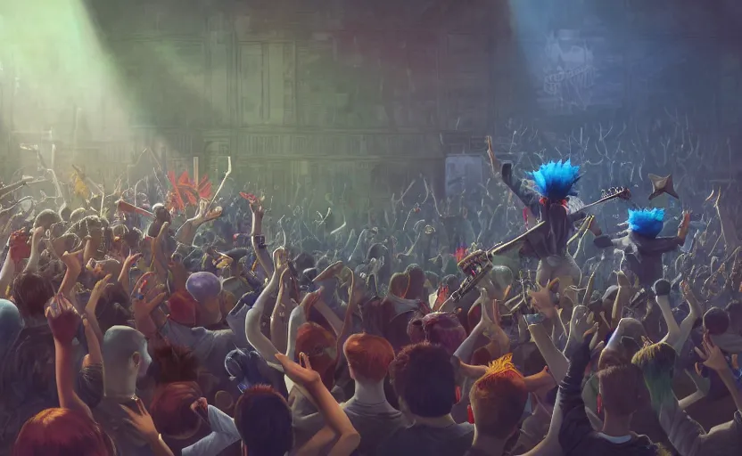 Image similar to 4 punks in school uniform with mohawks stand on stage with guitars and drums and microphones and yell day, foreground fight of ravers and punks, by marc simonetti, tyler edlin, deviantart, ray tracing, octane render, digital art, realistic, high quality, 8 k