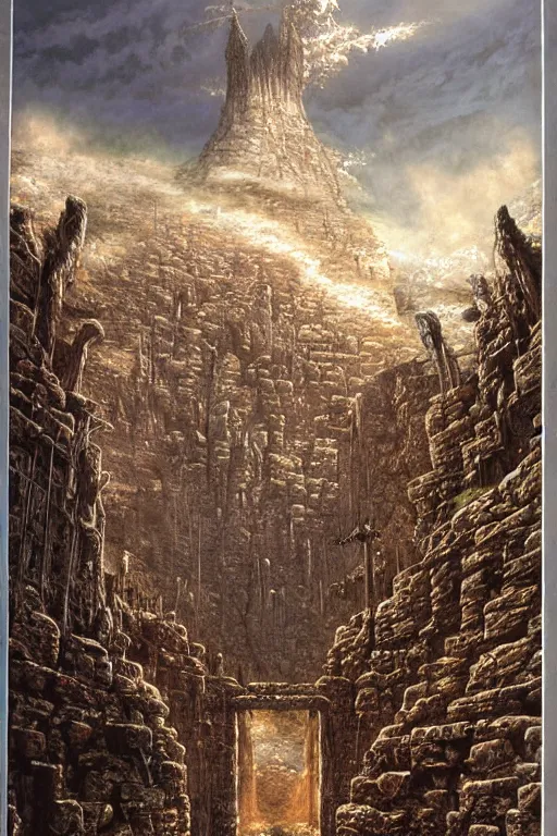 Image similar to Artwork by Ted Nasmith of the cinematic view of the Inescapable Stronghold of Forgotten Pain.