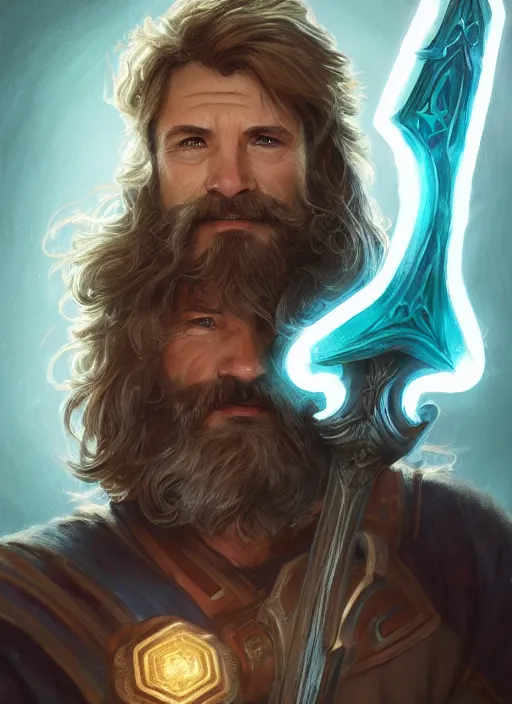 Image similar to Middle-aged paladin with a glowing teal halberd, Glowing white eyes, shaggy hair, sad, scruffy beard, dungeons and dragons portrait, highly detailed, digital painting, artstation, concept art, sharp focus, illustration, art by artgerm and greg rutkowski and alphonse mucha, Unreal Engine, 8k, HD