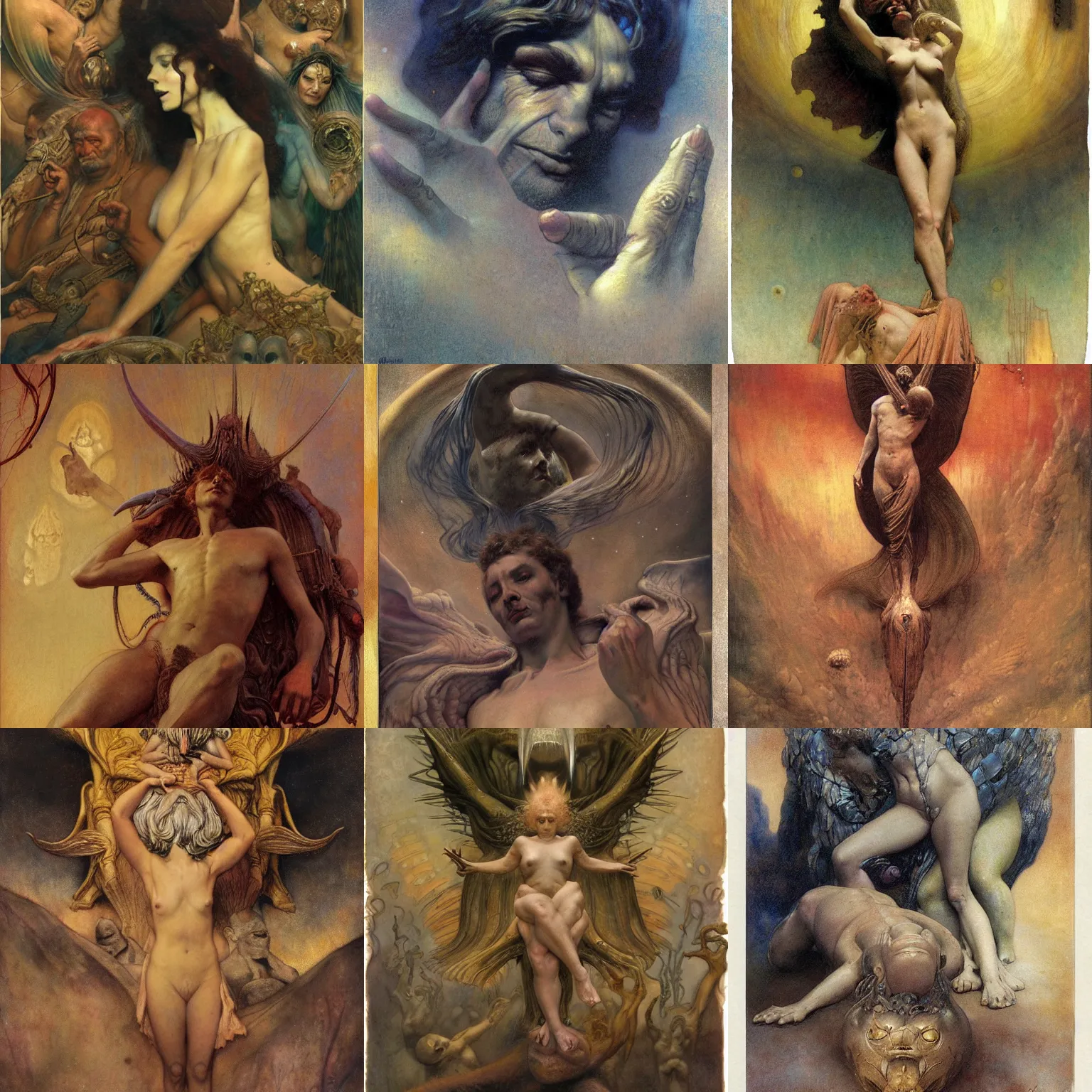 Prompt: god, by wayne barlowe, by gustav moreau, by goward, by gaston bussiere, by roberto ferri, by santiago caruso, by luis ricardo falero, by austin osman spare, by saturno butto