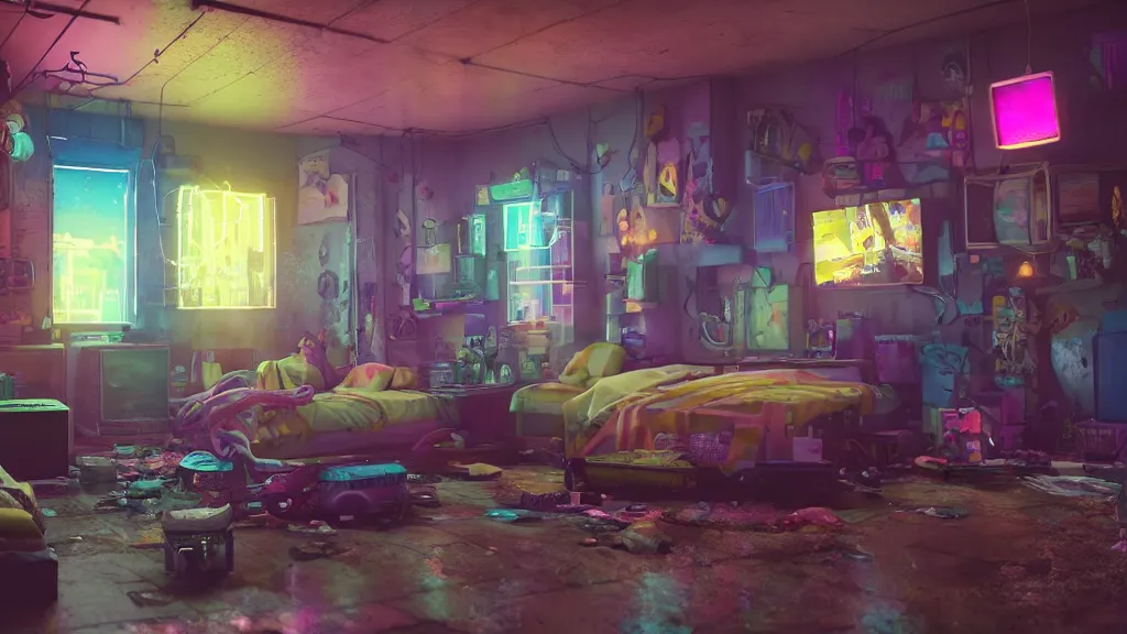 Prompt: Sponge Bob in the apartment room in a cyberpunk city, soft god rays from city lights outside the window, unreal engine 5, soft neon atmosphere, photorealistic, soothing colors, somber melancholic matte painting, hyperrealism, hyperrealistic, cinematic masterpiece, cyberpunk style 8k ultrahd octane render