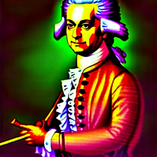 Image similar to a photo of wolfgang amadeus mozart on a rave. he sweats a lot because the club is poorly ventilated, but he still has a great time. club photography, smartphone photography.