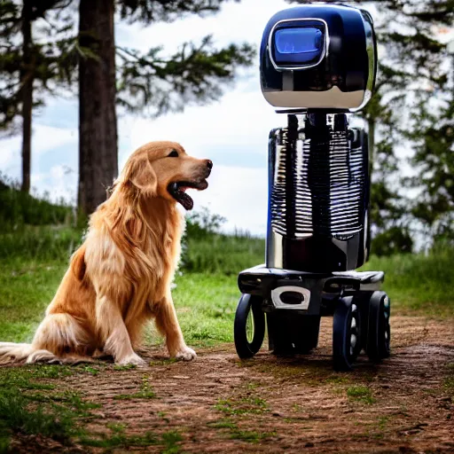 Prompt: golden retriever curiously looking at a robot girl, log cabin, photograph