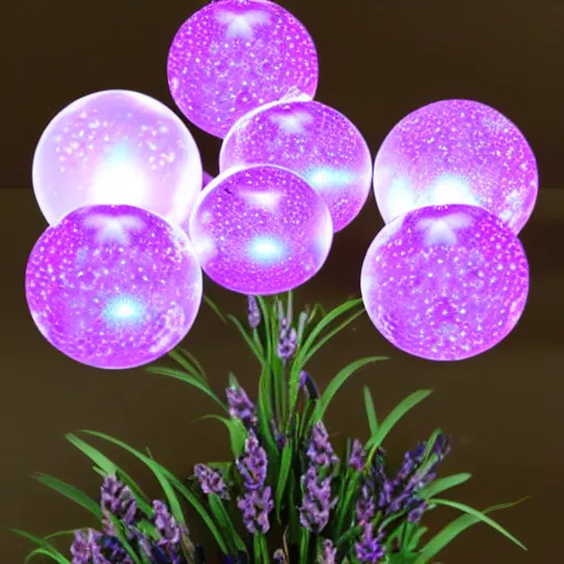 Image similar to 5 translucent luminous spheres, full of floral and berry fillings, in an ocean of lavender color