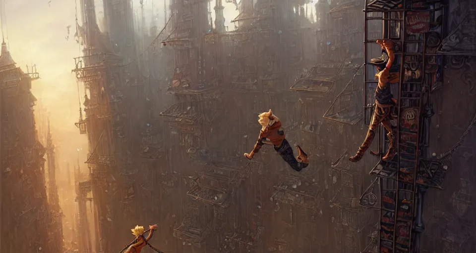 Prompt: landscape painting of a blonde boy thief in leathers using a rope to climb a tall metal steampunk buildings within a fantasy city with bridges, fine details, andreas rocha, magali villeneuve, artgerm, rutkowski