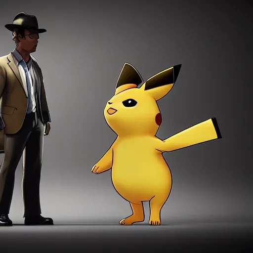 Image similar to detective columbo questioning detective pikachu, high quality photograph, noir lights, 8 k, artstation