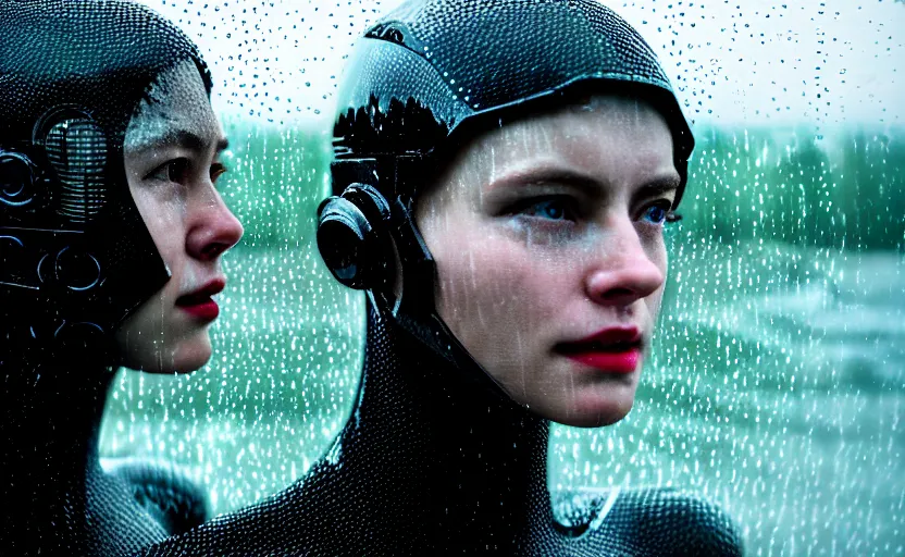 Image similar to cinestill 5 0 d candid photographic portrait by christopher nolan of two loving female androids wearing rugged black mesh techwear in treacherous waters, extreme closeup, modern cyberpunk retrofuturism moody emotional cinematic, pouring colorful rain, 8 k, hd, high resolution, 3 5 mm, f / 3 2, ultra realistic faces, ex machina