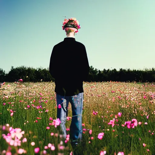 Image similar to kodak portra 4 0 0 photograph of a skinny blonde goth guy standing far back in a field of flowers, back view, flower crown, moody lighting, telephoto, 9 0 s vibe, blurry background, vaporwave colors, faded!,