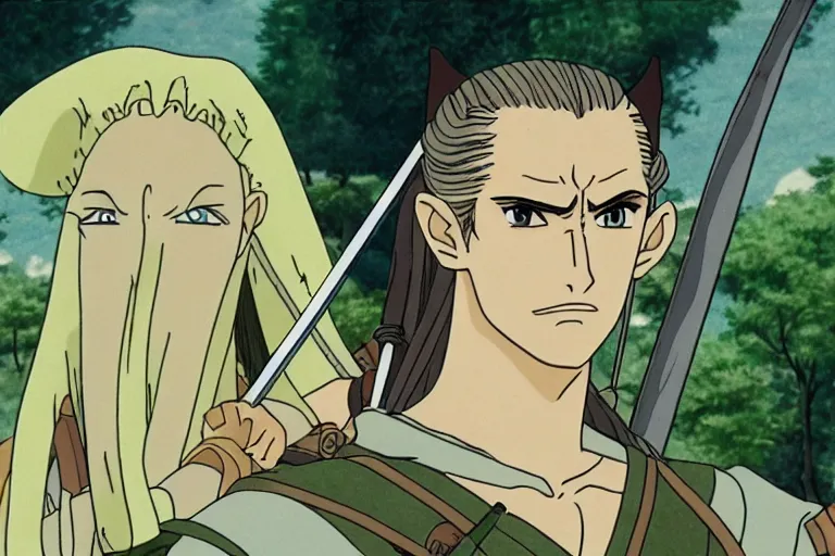 Image similar to legolas in the anime lord of the rings by studio ghibli, movie still frame, very detailed, artwork by hayao miyazaki, kentaro miura, satoshi kon, high quality, sharp image, high resolution, hd, 7 2 0 p, 4 k