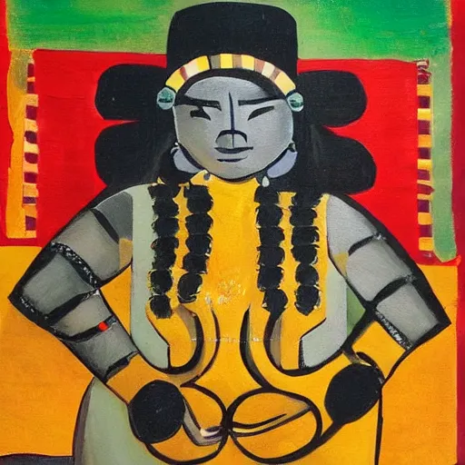 Image similar to fat mayan woman dancing, brilliant sunset, cubism, muted colors, texture