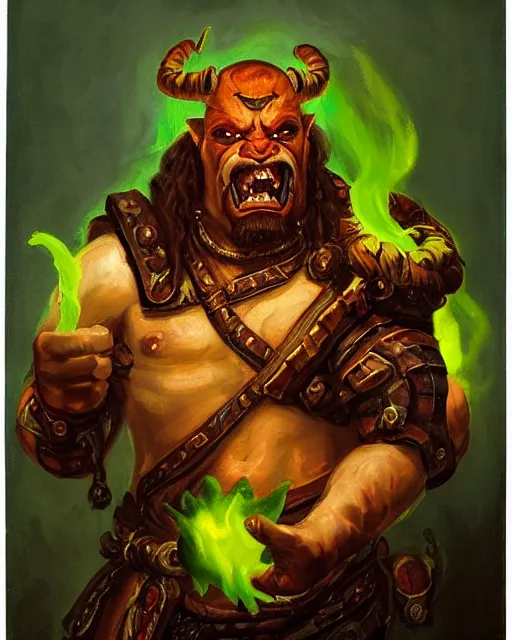 Image similar to a renaissance style portrait painting of a world of warcraft orc, garrosh hellscream, holding green fire. top left warm lighting