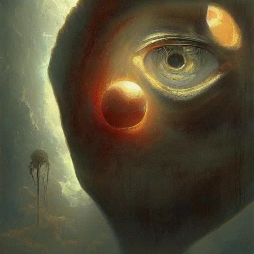 Image similar to beautiful realistic fantasy painting of an orb with a face , by pascal blanche and Frazetta and Beksinski, volumetric lighting, trending on art station, polarizer filter