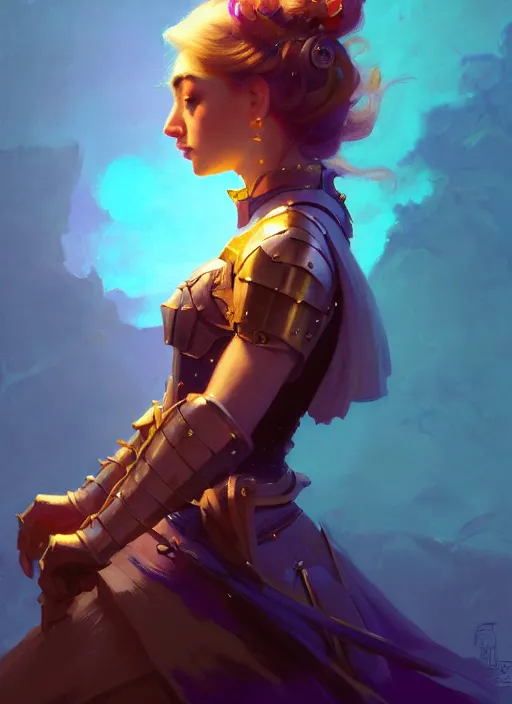 Prompt: side portrait, imogen poots, paladin, fantasy, gloomhaven, luminescent, gaudy colors, by greg manchess, huang guangjian, gil elvgren, sachin teng, greg rutkowski, jesper ejsing, ilya kuvshinov