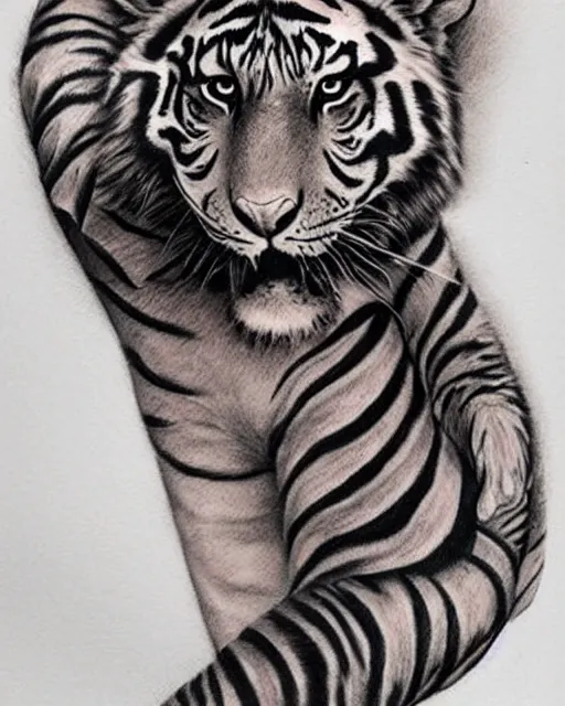 Image similar to a beautiful girl wearing a hat that looks like a tiger head, tattoo design, hyper realistic, hyper detailed, by eliot kohek