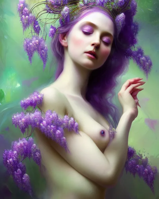 Image similar to Full View Portrait Mystical ethereal wisteria deity wearing beautiful dress, wisteria Dryad, 4k digital masterpiece by Anna dittman and Ruan Jia and Alberto Seveso, fantasycore, Hyperdetailed, realistic oil on linen, soft lighting, wisteria background, featured on Artstation