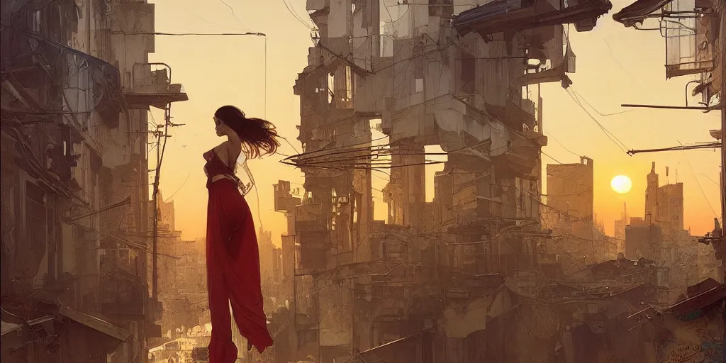 Image similar to seen from broken window!! karachi streets,, sunset in background, detailed, alphonse mucha, greg rutkowski, trending on artstation, artgerm, breathtaking, sharp focus, smooth, mark arian, award winning, highly detailed 4 k art