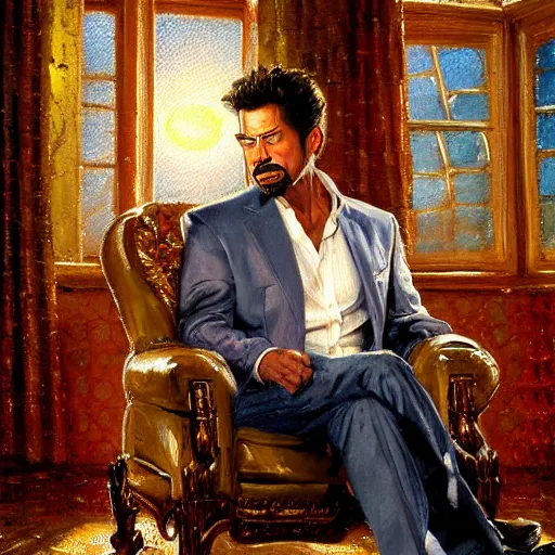 Prompt: detailed oil painting of tony stark sitting in an armchair in a room with the setting sun, by thomas kinkade, golden hour