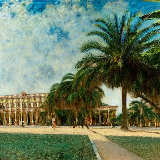 Image similar to a ultradetailed beautiful photo of the amazonas palace designed by jules bastien - lepage, hans belmer, frank weston and gustave baumann, beach, trending on artstation, mediterranean, palm trees, light sparkles, sharp focus, soft light, 8 k 4 k