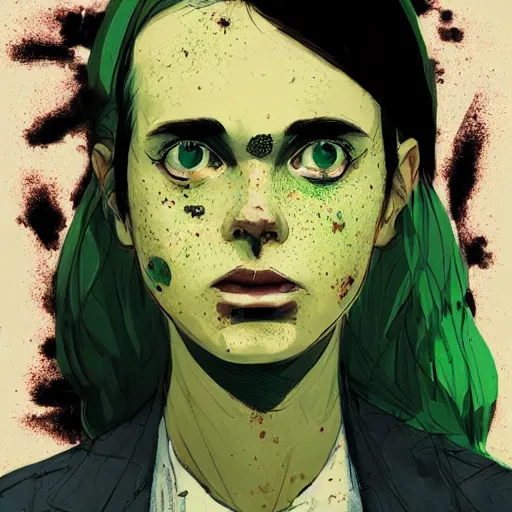 Image similar to Highly detailed portrait of a moody sullen punk zombie young lady with freckles by Atey Ghailan, by Loish, by Bryan Lee O'Malley, by Cliff Chiang, inspired by image comics, inspired by graphic novel cover art, inspired by papergirls !!!vivid green, brown, black, yellow and white paint spatter color scheme ((gradient grafitti tag brick wall background)), trending on artstation