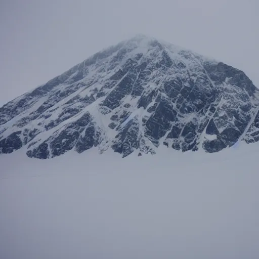 Image similar to a large mountain in the artic with a large eldritch monster peeking its head from around the mountain. grainy, snowing, overcast sky, slight fog.