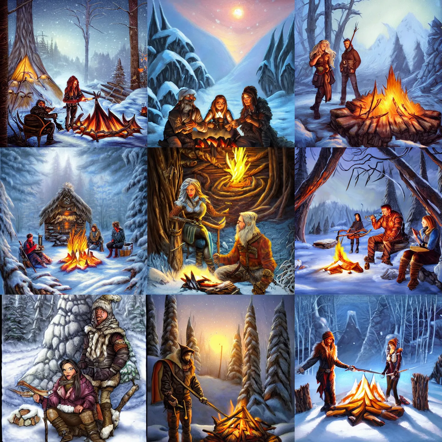 Prompt: fantasy hunter with his wife huddled around a campfire, cottage - core, falling snow, theme :'icewind dale ', artist :'kristy glas ',