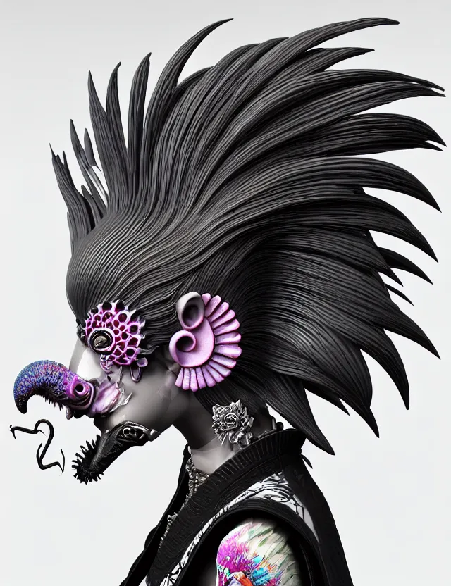 Image similar to 3 d goddess close - up profile portrait punk with mohawk with ram skull. beautiful intricately detailed japanese crow kitsune mask and clasical japanese kimono. betta fish, jellyfish phoenix, bio luminescent, plasma, ice, water, wind, creature, artwork by tooth wu and wlop and beeple and greg rutkowski