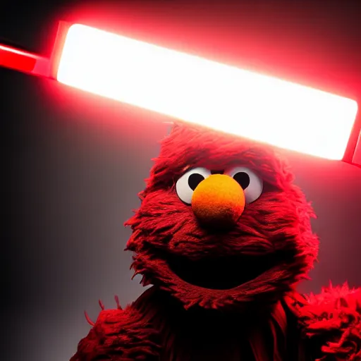 Image similar to Elmo as a dark lord of the sith weilding his red glowing light saber, studio portrait, mysterious lighting, 8K photograph