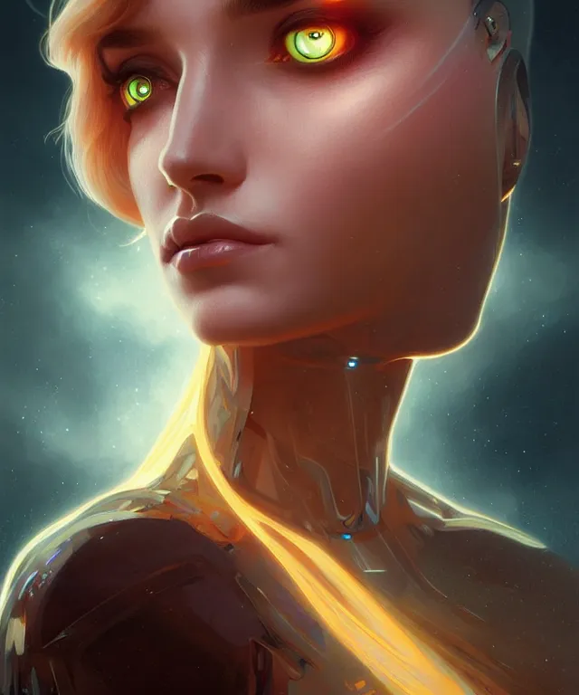 Prompt: futuristic woman android portrait, sci-fi, amber eyes, face, long hair, fantasy, intricate, elegant, highly detailed, digital painting, artstation, concept art, smooth, sharp focus, illustration, art by artgerm and greg rutkowski and alphonse mucha