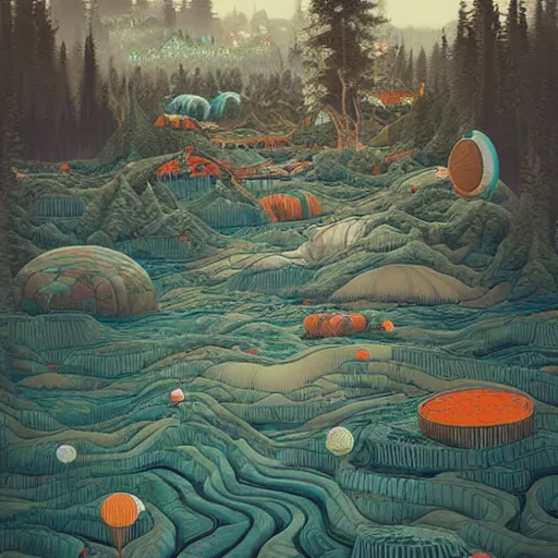 Prompt: inflatable landscape with forest, river and mountains swarm of floating wishes , concept art, huge scale, high detail, sci fi by James Jean