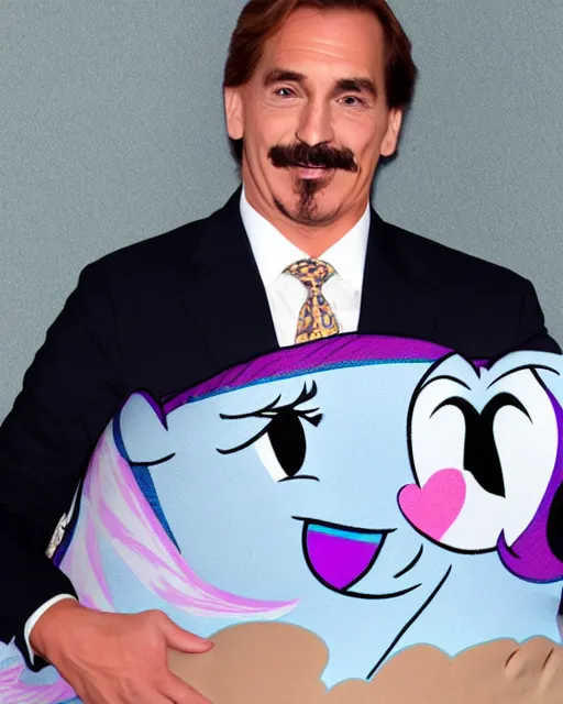 Image similar to mike lindell holding a my little pony body pillow