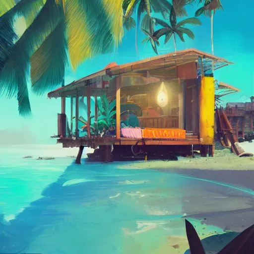 Prompt: a tropical beach shack by james gilleard and liam wong and jeremy mann