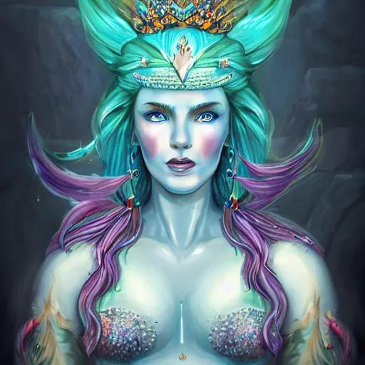 Prompt: merfolk princess portrait, d & d style, trending on artstation, colorful, intricate,