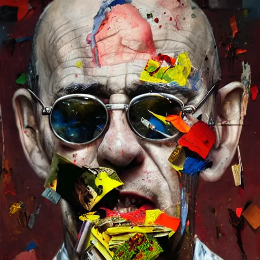 Image similar to hyperrealistic, photorealistic, mixed media oil painting of dr gonzo hunter s thompson, magazine scraps, plaster, blood, oil, mustard, cigarettes, splatter, trending on artstation, award - winning painting, greg rutkowski, basquiat, ralph steadman, terry gilliam