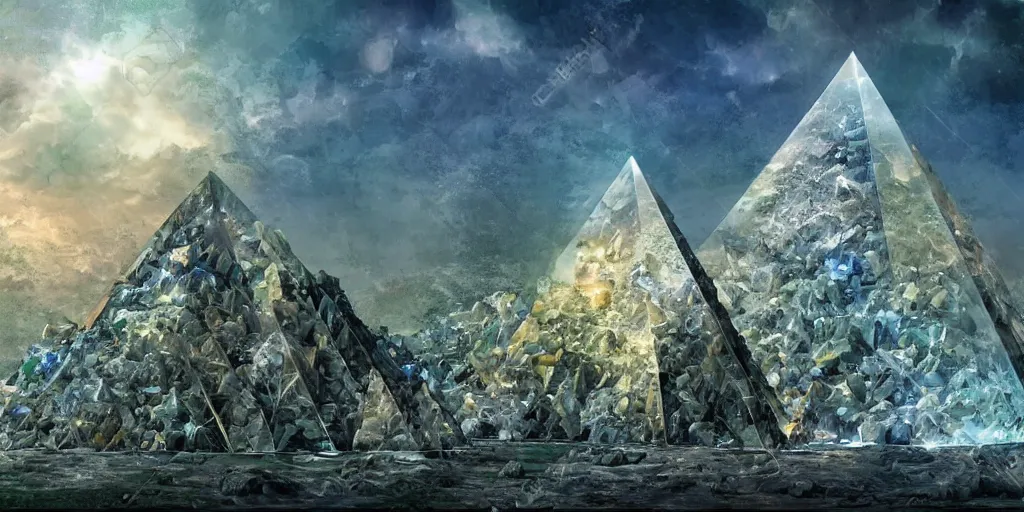 Image similar to Quartz crystal, bismuth fractal, translucent pyramid, refraction, fantasy landscape, detailed matte painting