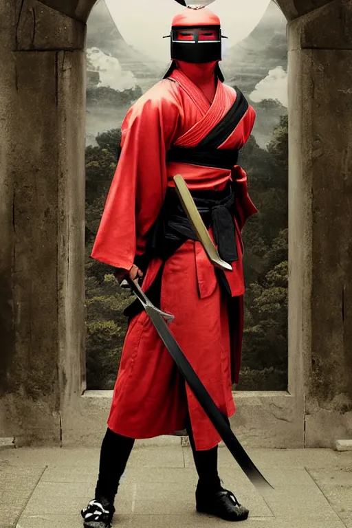 Prompt: a godlike and indomitable helmeted and masked samurai posing with their realistic detailed katana and wakizashi under an enormous Torii gate, the Japanese red rising sun in the coming up in background. Badass pose. Photo realistic. Gregory Crewdson. Award winning. Masterpiece, exquisite detail, post processing